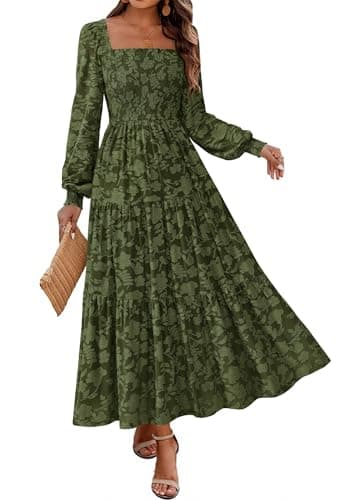 KIRUNDO Wedding Guest Dresses for Women 2026 Fall Long Sleeve Smocked Floral Flowy Spring Baby Shower Maxi Dress Pockets (Army Green, X-Large) - Image 1