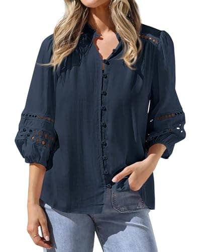 BTFBM Summer Tops for Women 2026 Eyelet Top 3/4 Length Sleeve Dressy Casual Blouses Spring Boho Button Down Shirts(Navy, Large) - Image 1