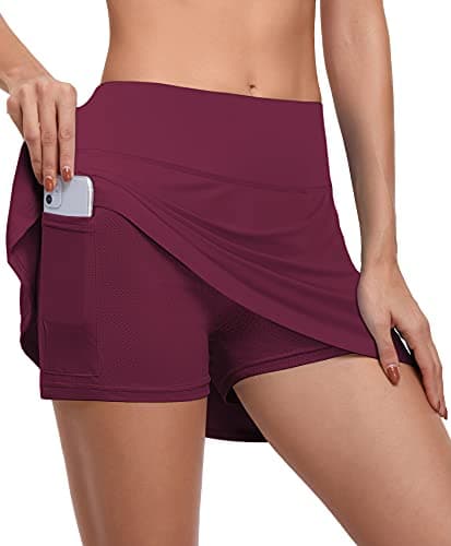 CHICHO Womens Running Skirt Tennis Athletic Pleated Skort with Shorts Zip Pockets Casual Ladies Skirt Skorts for Golf Above Knee Skorts Workout Running Burgundy, Large - Image 1