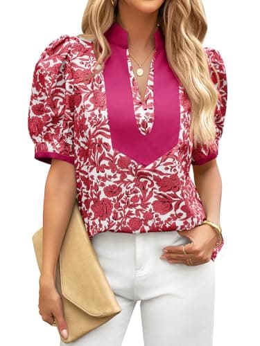 Cicy Bell Womens Floral Puff Short Sleeve Blouses V Neck Patchwork Boho Summer Tops Dressy Casual Shirts Burgundy - Image 1