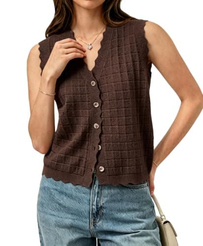 AceNest V Neck Sweater Sleeveless Sweater Tops Cardigan Vests Tank Tops Brown M - Image 1