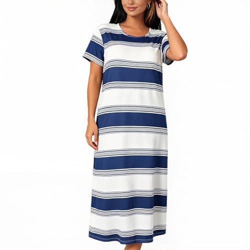 Eternatastic Women Short Sleeve Nightgown Crew Neck Loose House Dress Soft Comfy Long Nightshirts Sleepwear Loungewear Medium Striped Print - Image 1