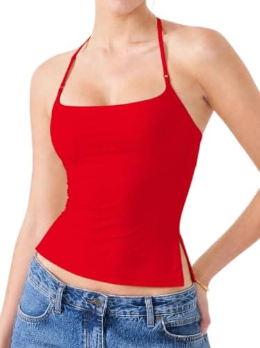 Women Halter Tank Tops Backless Sexy Summer Going Out Y2K Tops Sleeveless Double Line Camisole Crop Top Shirts(Red,Medium) - Image 1