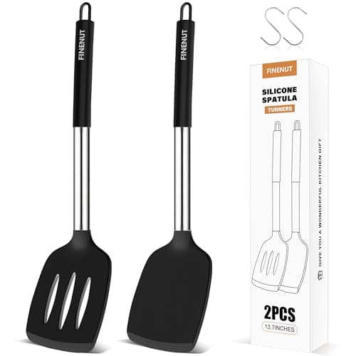 FINENUT Silicone spatula Solid&Slotted Turner Set of 2, for Flipping Fish Pancake Egg,Scratch-Proof for Nonstick Pans,446°F High Heat Resistant BPA-Free Kitchen Cooking(Black) - Image 1