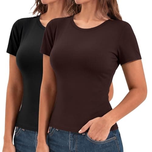 Walifrey Womens Short Sleeve Tops 2 Pack, Slim Fit T-Shirt Casual Basic Summer Top for Women 2026 Fashion Clothes(Black/Brown M) - Image 1