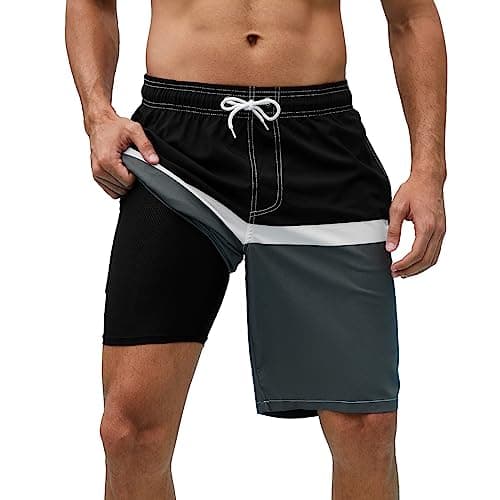 Arcweg Mens Swim Trunks with Compression Liner 9” Men Beach Board 2 in 1 Bathing Suit with Zipper Pockets, Quick Dry Black Gray