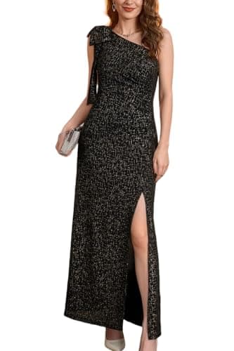Lesuxa Formal Wedding Guest Dresses for Women One Shoulder Split Bodycon Long Dress,Formal Dinners Cocktail Dress (Medium, Black*Golden) - Image 1
