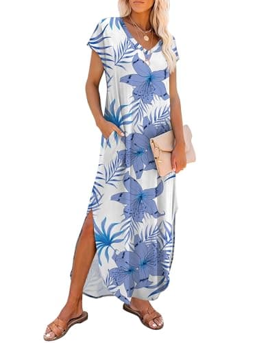 RUMIA Summer Casual Maxi Dresses for Women- Women's V Neck Cap Sleeve Long Sundress with Pockets Beach Vacation - Image 1