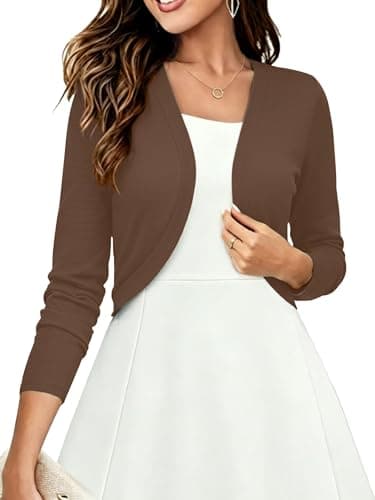 Heymoments Women's Long Sleeve Thin Shrugs for Dresses Coffee Small Open Front Knit Lightweight Coat Cropped Tops Shawls and Wraps Cardigan Dressy Sweater Clothes - Image 1