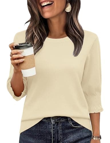 Totatuit Womens 2026 Sweaters 3/4 Sleeve Tops Classic Crew Neck Sweaters Form-Fitting Basic Teachers Clothes Apricot XX-Large - Image 1