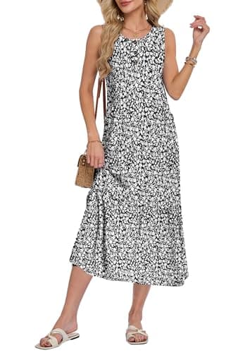 WNEEDU Women Summer Sleeveless Midi Dresses Button Front Sundress with Pockets(BK WT S Floral,2XL) - Image 1