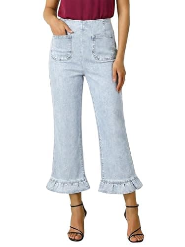 PEIHOT High Waist Straight Leg Mom Jeans for Women Ruffle Hem Crop Capris Denim Pants 2026 Vintage Blue - Image 1