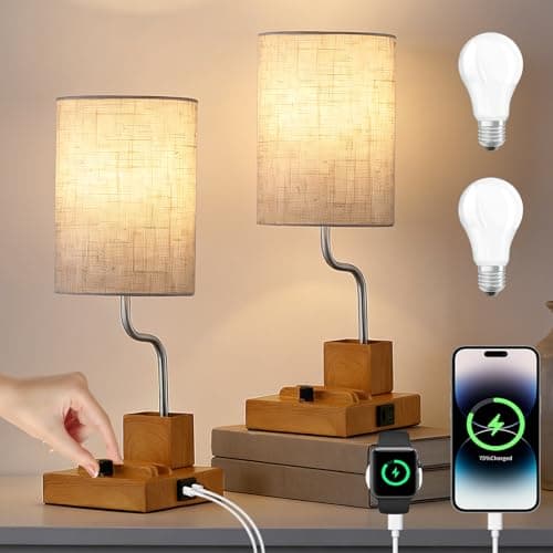 EOEYYOYB Set of 2 Vintage Table Lamps, Stepless Dimmable with AC Outlet, USB A & C Charging Port, Multifunctional Base Bedside Lamps for Living Room, Bedroom, Office Reading, Burlywood