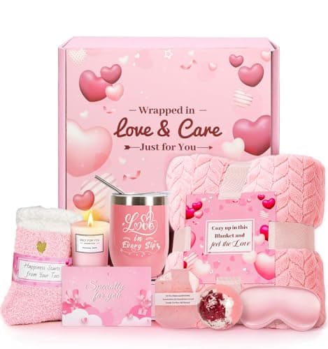 Women Relaxing Spa Gift Basket, 10 Rose Scented Candles, Eye Mask & Blanket, Ideal Birthday Get Well Holiday Present For Ladies - Image 1