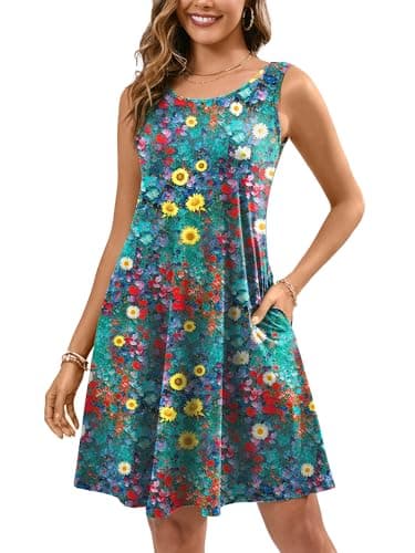 KORSIS Summer Dresses for Women Casual T Shirt Tank Floral Dresses Sleeveless Swing Flowy Ladies Beach Vacation Sundress with Pockets L - Image 1
