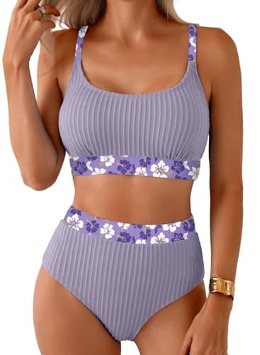 Herseas Womens 2 Piece Sporty Bikini Sets Textured Floral Trim 2026 Summer Swimsuits High Rise Scoop Wire Free Slimming Full Coverage Bathing Suits Teen Girls Chic Resort Wear Purple Medium - Image 1