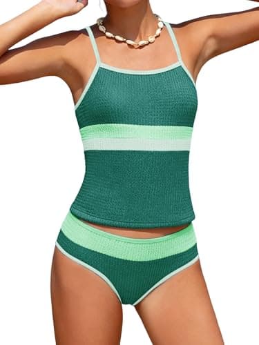 AMAWMW Girls' Swimsuit Color Block Tankini Set Adjustable Strap Two Piece Bathing Suit for Teens Size 7-16Y, Green, 15-16Y - Image 1