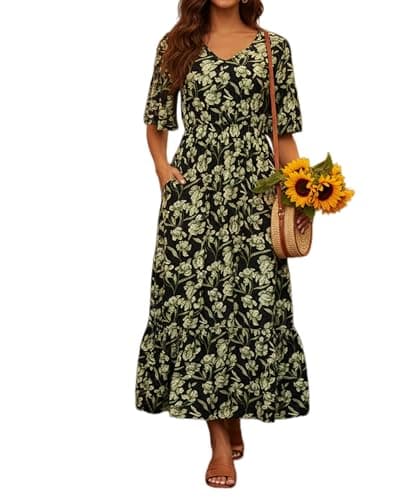 Ystguic Women 2025 Fall Long Maxi Boho V Neck Aline Dresses for Seniors Ladies Rayon Viscose 2025 Bohemian Dress with Pockets for Beach Vocation Wedding Guest XX-Large 024 BlackGreenFloral XXL - Image 1