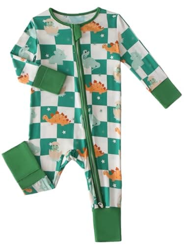 Joonberry Infant Baby Girl Clothing Bamboo Rayon Footies, Newborn outfit Footed Long Sleeve Jumpsuit with Zipper and Mitten Cuffs (Dinosaur Checkerboard, 3-6M) - Image 1