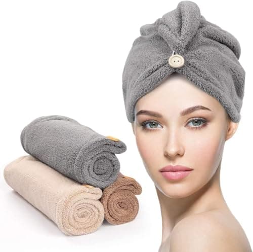 YFONG 3 Pack Hair Drying Towels, Hair Towel with Button, Super Absorbent Microfiber Hair Towel for Curly Hair, Fast Drying Hair Wraps for Women Girls, Microfiber Towel for Hair - Image 1