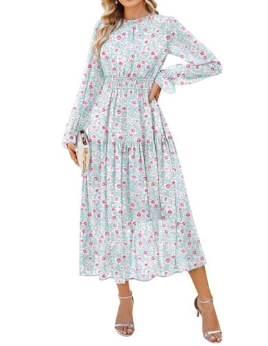 GRACE KARIN Women's Fall Wedding Guest Dresses 2026 Floral Long Sleeve Chiffon Maxi Dress Flowy Boho Dress with Pockets Mint Green and Pink Floral L - Image 1