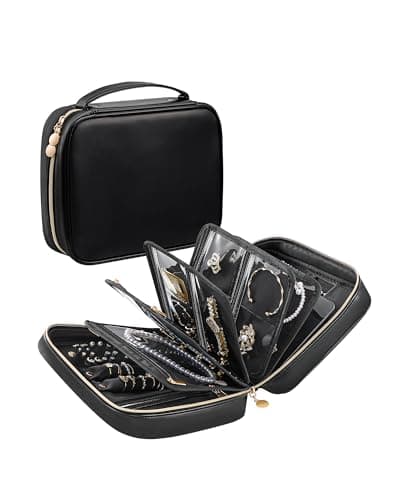 Lolalet Travel Jewelry Notebook Organizer Case, Large Jewelry Binder Book with Individual Pouches, Portable Leather Zippered Bag for Jewelry Storage of Earring, Ring & Necklace, Gift for Women -Black - Image 1