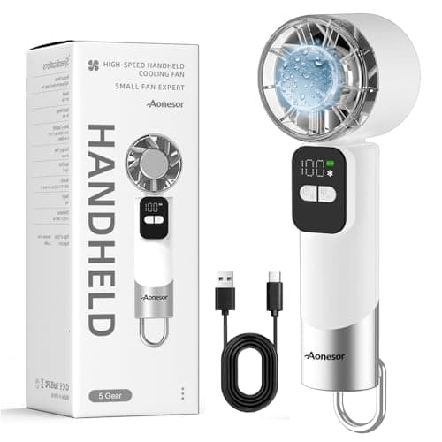 Aonesor High-Speed Handheld Fan with Ice Cooling, 11800RPM & 8.7m/s Powerful Turbo Fan, Metallic Texture 5 Speeds Personal Cooling Fan for Travel, LED Display Rechargeable Portable Fan, Silver - Image 1