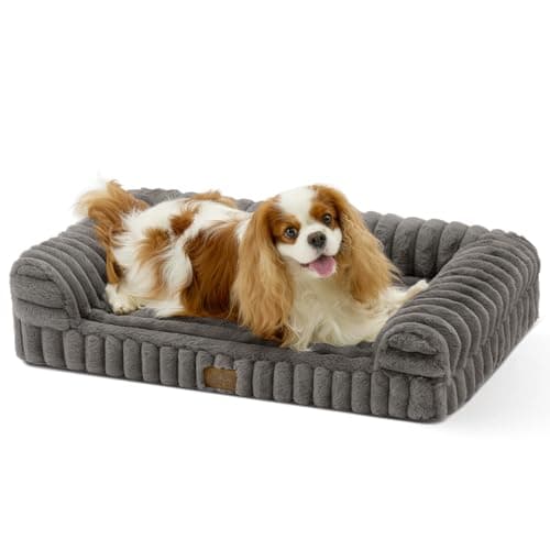 COZY KISS Ultra Soft Faux Rabbit Fur Dog Bed for Small Dogs – 30"x20" Orthopedic Foam Couch, Removable Washable Cover & Waterproof Lining, Grey - Image 1