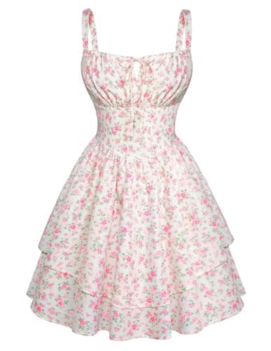 Scarlet Darkness Floral Mini Corset Dress for Women Teen 2026 Summer Spring Flowy A-Line Sundress with Pockets White Brown Orange Floral L - Image 1