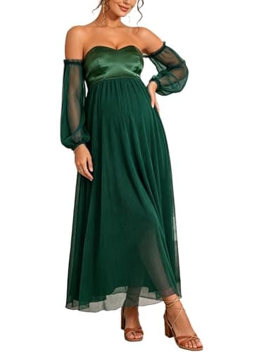 Yissang Maternity Tulle Off-Shoulder Mesh Puff Sleeve Pregnancy Maxi Dress DarkGreen - Image 1