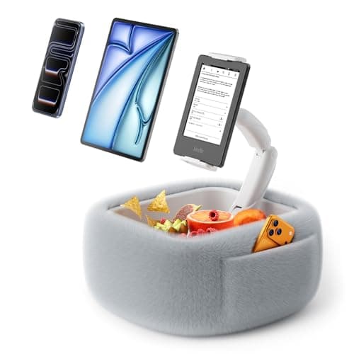 LULULOOK Tablet Pillow Stand, Compatible with iPad, iPhone and 4.7-14.6”Tablet, 360° Adjustable Kindle Pillow Stand for Bed with Ultra Fluffy Fabric & Snack Bowl (Fluffy Gray) - Image 1