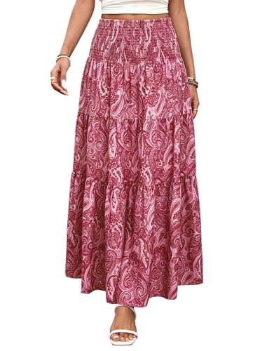 Women’s Summer Boho Maxi Skirts Bohemian Print Smocked High Wasited Flowy Tiered Ruffle Long Beach Skirt Red XS - Image 1