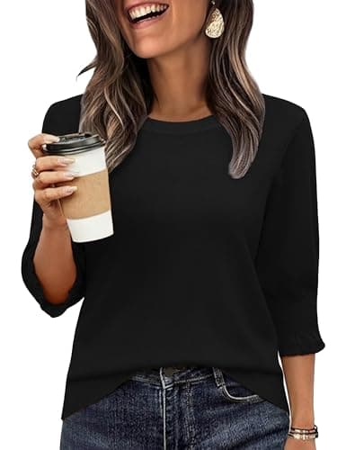 Totatuit 3/4 Sleeve Sweaters for Women Crew Neck Fit Ribbed Knit Tops Lightweight Sweater Summer Holiday Wear Black Medium - Image 1