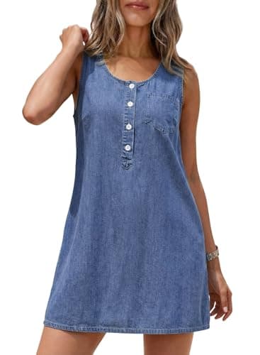 Dokotoo Womens Summer Sleeveless Crewneck Casual Denim Dress Loose Fit Button Vintage Plus Size Soft Comfort Overall Jean Dress Outfits Fashion 2026 Ashleigh Blue - Image 1