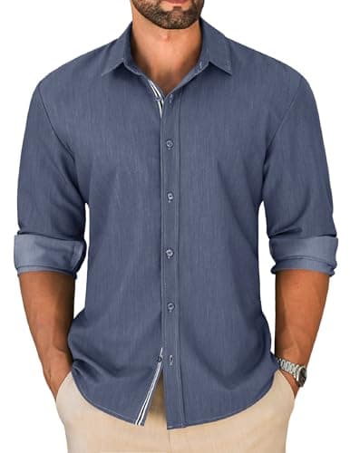 LETSEE Denim Shirt Men Long Sleeve Casual Button Down Wrinkle Free Business Dress Shirts Wedding Vacation Outfit, Navy Blue, 4X-Large - Image 1