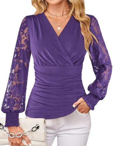 GRACE KARIN Womens Tops Dressy Casual, Elegant Lace Sleeve Shirts Wrap Ruched Blouses, 2026 Fall Outfits Dark Purple L - Image 1