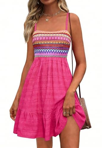 PRETTYGARDEN Womens Dresses Casual Summer Square Neck Spaghetti Strap Lightweight Textured Cami Sun Dress Beach Cover Ups (Rose Red, XX-Large) - Image 1