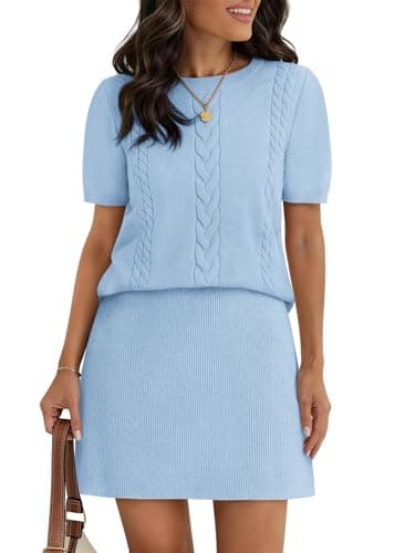 COCCKO Skirt Sets Women 2 Piece Puff Short Sleeve Knit Sweater Casual A Line Crew Neck Spring Summer Flare Mini Dresses Blue S - Image 1