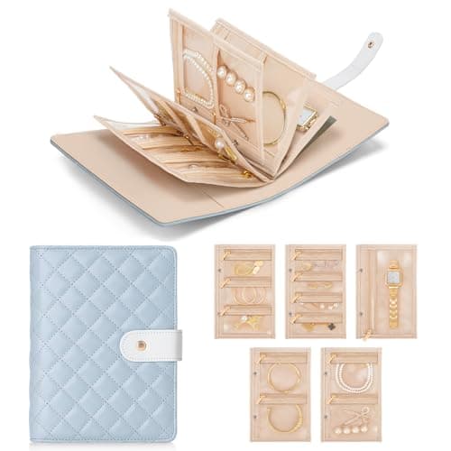 WOOMADA Travel Jewelry Organizer Case, Foldable Velvet Jewelry Storage Book with Clear Zipper Pouch and Built-in Mirror for Rings, Necklaces, Earrings, Bracelets(blue) - Image 1