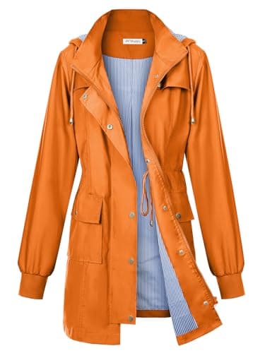 PITINAN Rain Jacket Women Waterproof Long Lightweight Raincoat Hooded Windbreaker Outdoor Trench Coat Spring Fall Rain Coats for Women Outdoor Jackets Orange L - Image 1