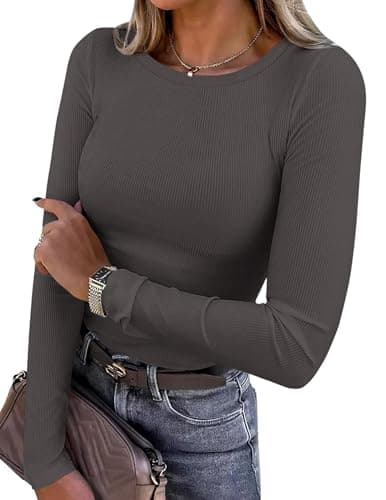 PRETTYGARDEN Women 2026 Fall Clothes Long Sleeve Shirts Ribbed Knit Fitted Basic Tee Going Out Tops Underscrub Casual Outfits (Dark Grey,Small) - Image 1