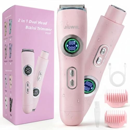 Bikini Trimmer for Women, JIUWIIL 2 in 1 Electric Razors for Women, IPX7 Waterproof Dual Head Electric Shaver,Wet & Dry Use Body Hair Trimmer, Facial Hair Remover for Bikini Underarm Leg Arm (Pink) - Image 1