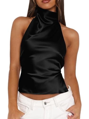 Matunana Women Satin Halter Tops Going Out Mock Neck Backless Tank Top Black - Image 1