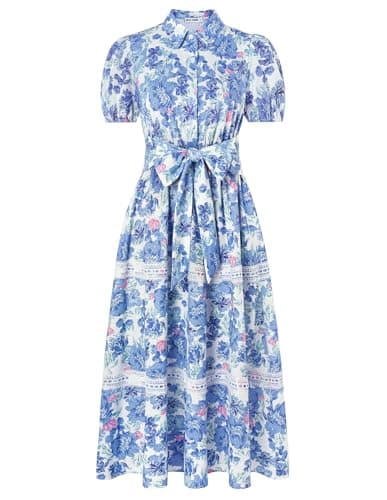 GRACE KARIN Women's 2026 Summer Floral Flowy Dresses Boho Tie Belt Short Puff Sleeve A Line Maxi Shirt Dress with Pocket Blue Pink XX-Large - Image 1