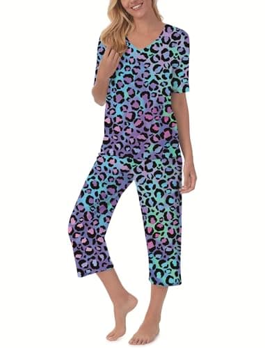 QCIV Pajama Sets Women V Neck Top and Capri Pants with Pockets Sleepwear Set Two Piece PJS, Blue Leopard, Medium - Image 1