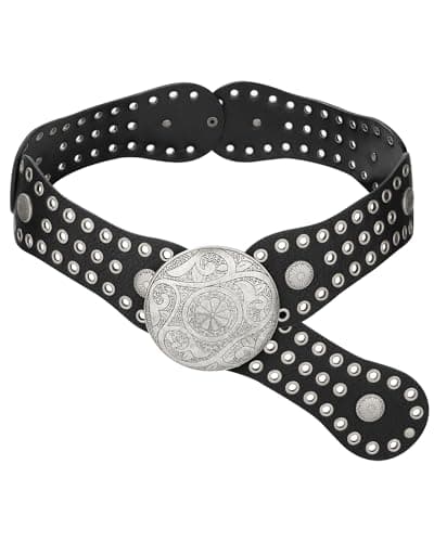 AWAYTR Wide Western Belts for Women - Brown and Black PU leather Cowgirl Belt with Vintage Concho Buckle Boho Country Belt for Dress Jeans Festival (Silver Buckle-Black,L: Fits waists up to 48 in) - Image 1