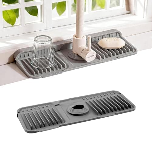 ZJWZLG Faucet Mat for Kitchen Sink, 14"X5.5" Silicone Sink Splash Guard , Snap-On Design & 7°slope Fast Drain, Folding Sink Faucet Mat for Universal Kitchen Bathroom Sink(Grey) - Image 1