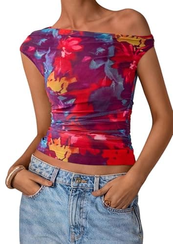 PRETTYGARDEN Women's Off Shoulder Tops 2026 Summer Going Out Crop Tank Tops Spring Fashion Ruched Asymmetrical Floral Mesh Tight Sexy Y2K Shirts Clothes (Navy Red Flower,M) - Image 1