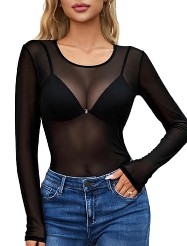 Avidlove Black Mesh Top Women Sheer Blouses for Women Mesh Undershirt Women T Shirt Black Long Sleeve Top Black XXL - Image 1