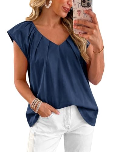 Tankaneo Womens Cap Ruffle Sleeve Tops Summer Dressy Casual V Neck Pleated Blouses Loose Fit Cotton Shirts Navy - Image 1